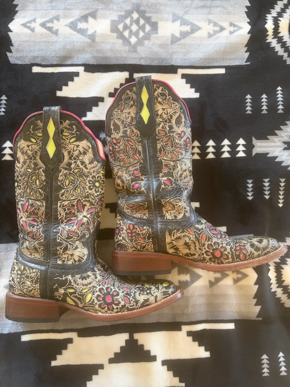 Johnny Ringo Black Floral Embossed Heeled Boots with Pink Accents - Picture 2 of 9